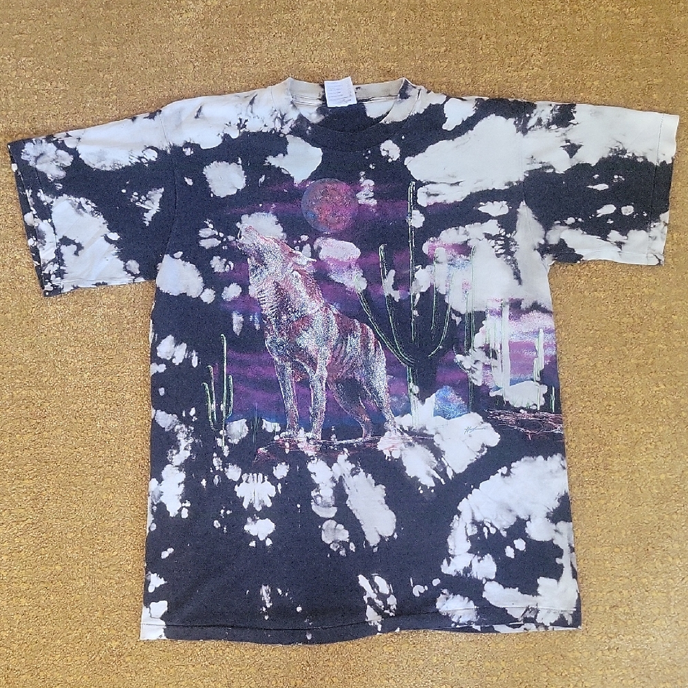 Vintage Hazelwoods Bleach Tie Dye Wolf T-Shirt — Large — Custom Art USA